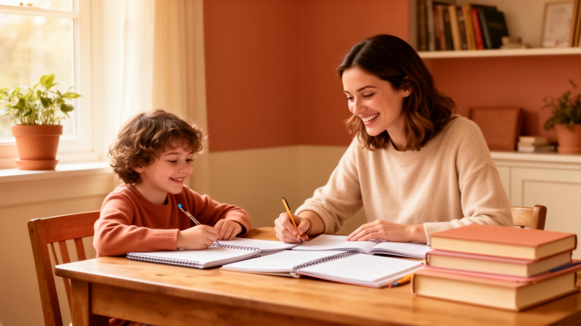 Friendly tutor helping a young student with schoolwork at a sunlit desk
